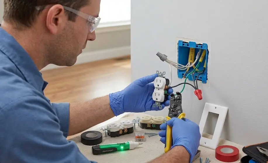 electrical-outlet-installation-wall-socket-repair Close-up of an electrician installing a wall outlet using a screwdriver, connecting yellow and white wires inside a blue electrical box mounted on a white wall.
