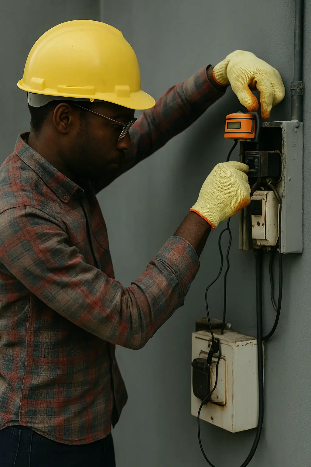 electrician-inspecting-outdoor-breaker-box lectrician wearing a yellow hard hat and gloves using a multimeter to test an outdoor electrical panel mounted on a concrete wall.