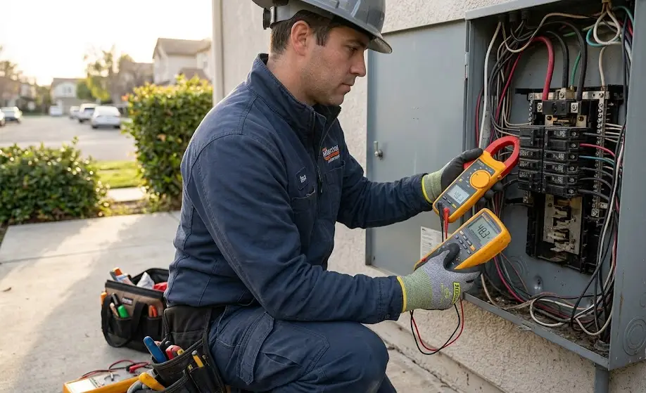 electrician-using-multimeter-outdoor-panel-inspection Electrician in orange hard hat repairing an open electrical panel with organized wires and circuit breakers.